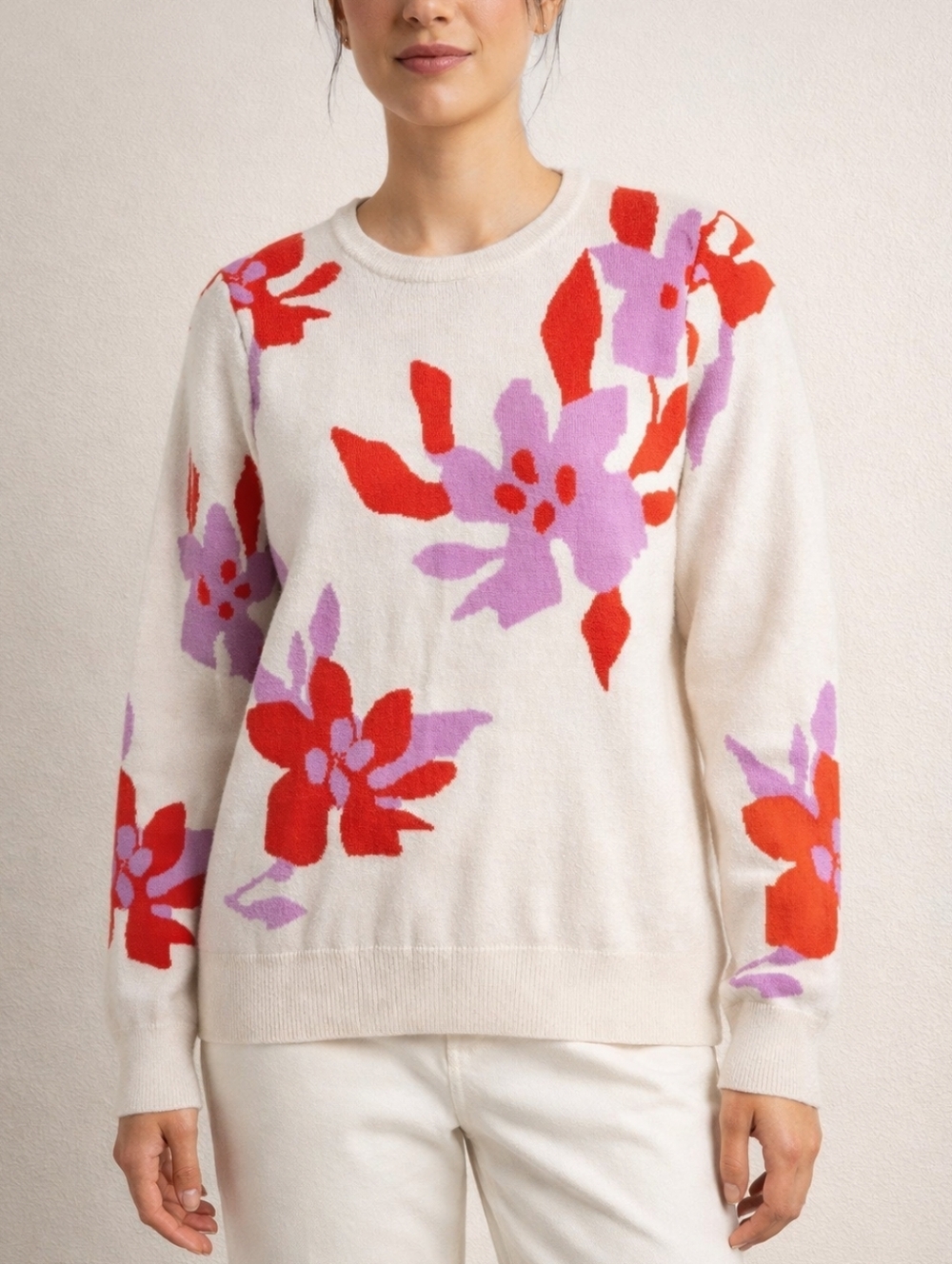 THML Floral Crewneck Knit Sweater Cream Small Retro Cottagecore Cozy Granny